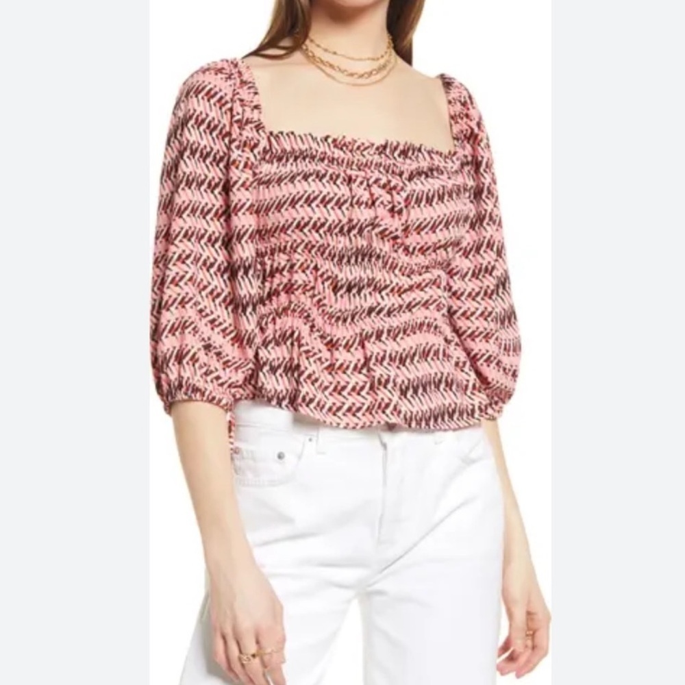 Open Edit Geo Print Shirring Detail‎ Square Neck Top In Pink Peony Wave Medium
